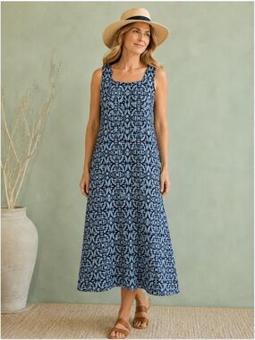 Fresh Produce 2X Blue Floral Cotton Dress Sleeveless A-Line USA Resort Casual